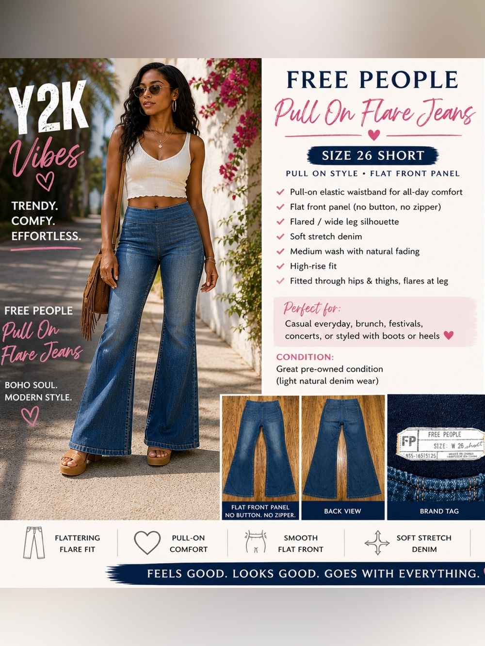Free People Pull On Flare Jeans Wide Leg Boho Denim Size 26 Short